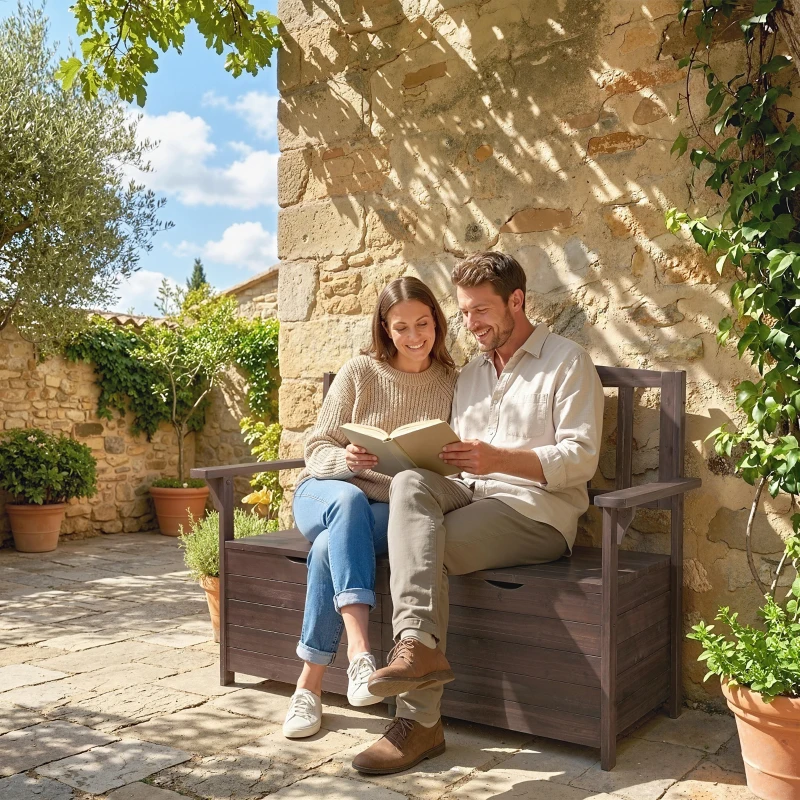 Outsunny Outdoor 2 Seater Garden Bench, Wooden Bench with Storage, Backrest, Arm Rests, 112 x 84 x 58 cm, Brown
