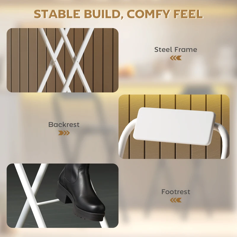 HOMCOM Hokery Barowe 2 szt., Składane Krzesła z Metalową Ramą, Oparciem i Podnóżkiem, 37 x 45 x 87 cm, Białe