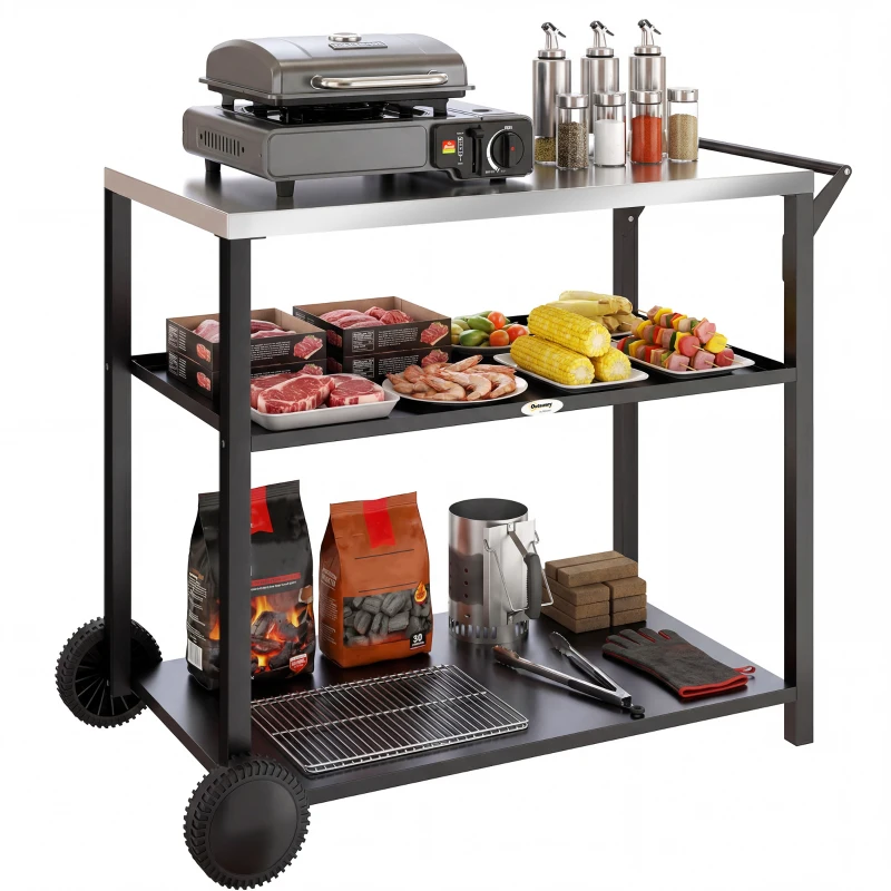 Outsunny Outdoor Grill Cart with Stainless Steel Tabletop for Kitchen Prep, Two-Tier Pizza Oven Stand on Wheels, Black