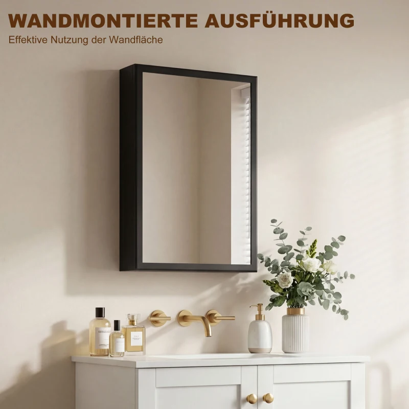 kleankin Spiegelschrank, Badschrank, 3 Regalfächer, Edelstahl, 40x12x60cm, Schwarz