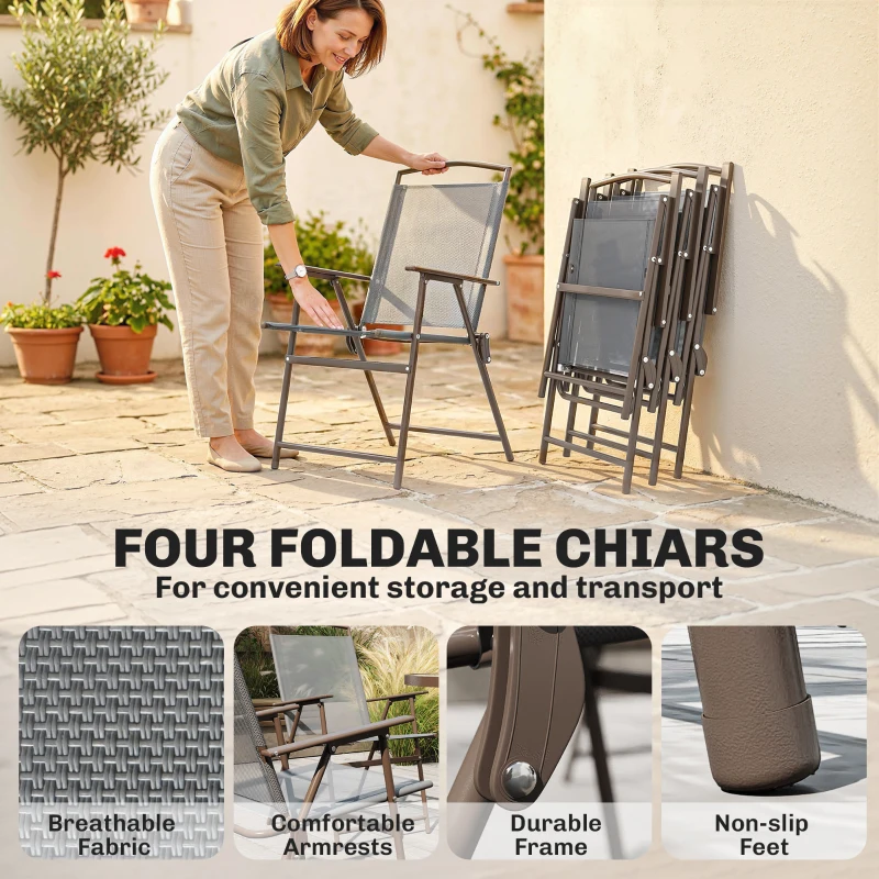 Outsunny 6 Piece Garden Dining Set with Umbrella, Patio Sets with Parasol, 4 Folding Dining Chairs, Dark Grey