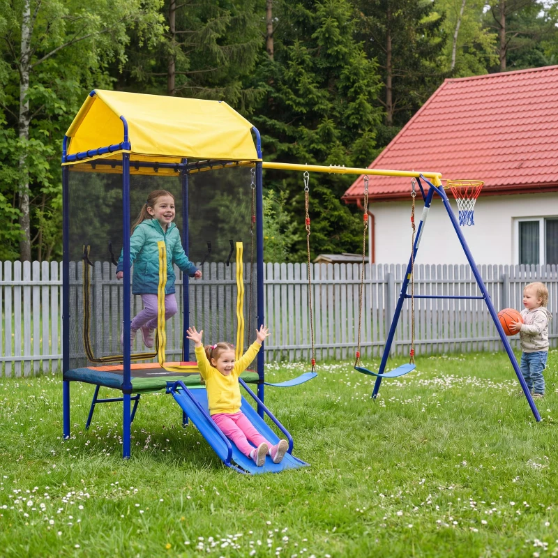 Juego exterior multifuncional 4 en 1 para niños, trampolín con red de seguridad, para 3–8 años, 336x217x238 cm, Multicolor