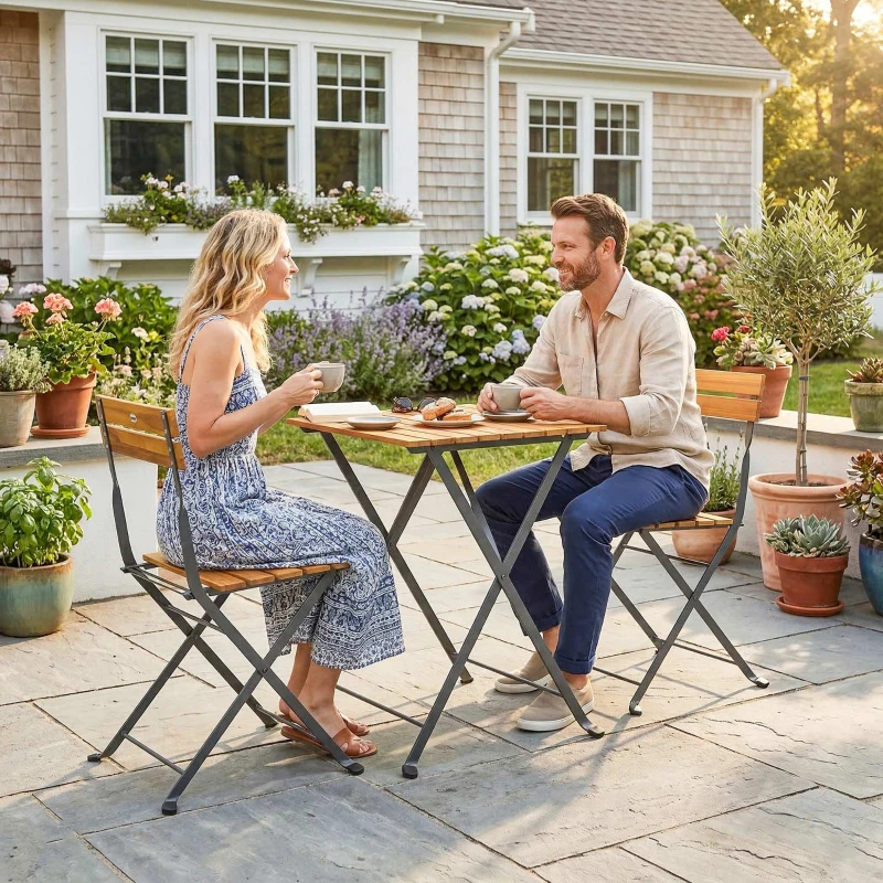 Outsunny Set 3 piese pentru luat masa 2 persoane, masă pliantă cu 2 scaune pliante pentru terasă/balcon Teak
