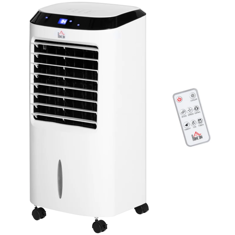 HOMCOM Răcitor de Aer Portabil 4-în-1 de 10L cu Umidificator, Sistem de Răcire, Timer 8 Ore, Telecomandă, pentru Încăperi de până la 20㎡, 60W, ABS, Alb și Negru, 38,2 x 31,6 x 76 cm