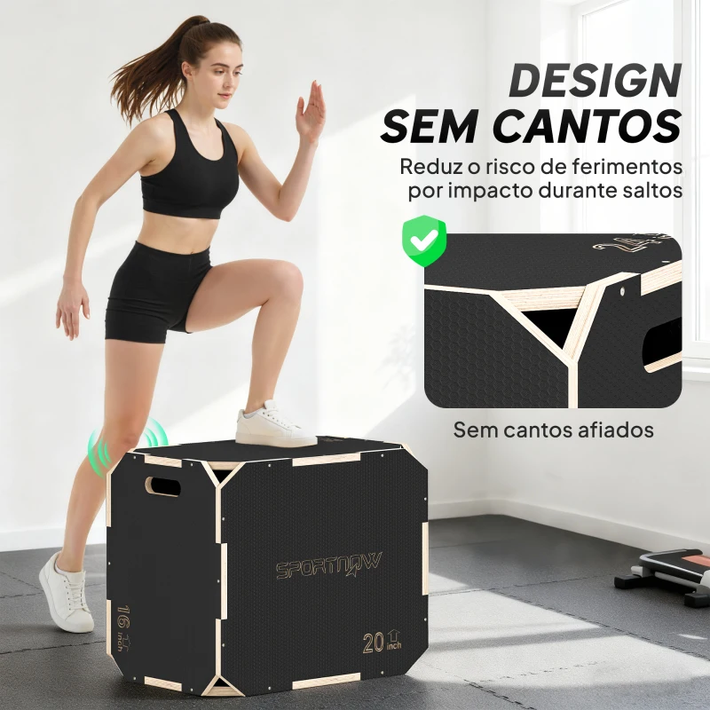 SPORTNOW Caixa Pliométrica de Madeira com 3 Alturas Diferentes para Treino de Salto Força em Casa Ginásio e Exterior 61x51x40,5 cm Preto
