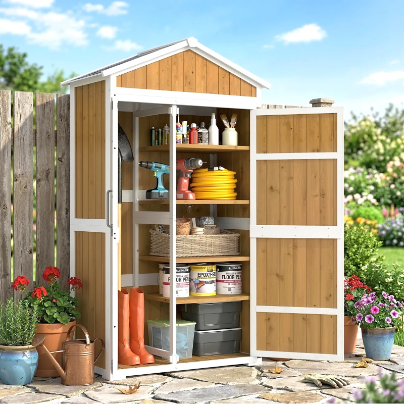 Outsunny Armario de Jardín Cobertizo de Jardín Impermeable con Techo de Metal Doble Puerta para Herramientas de Jardinería 105x55x179cm Natural