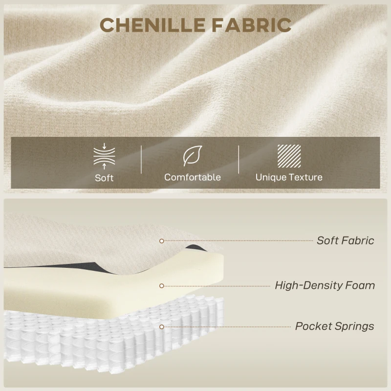 HOMCOM Sofa 3-osobowa, 260 cm sofa chenille z szerokim siedziskiem, sprężyny kieszeniowe, pianka o wysokiej gęstości, 3 poduszki, kremowa biel