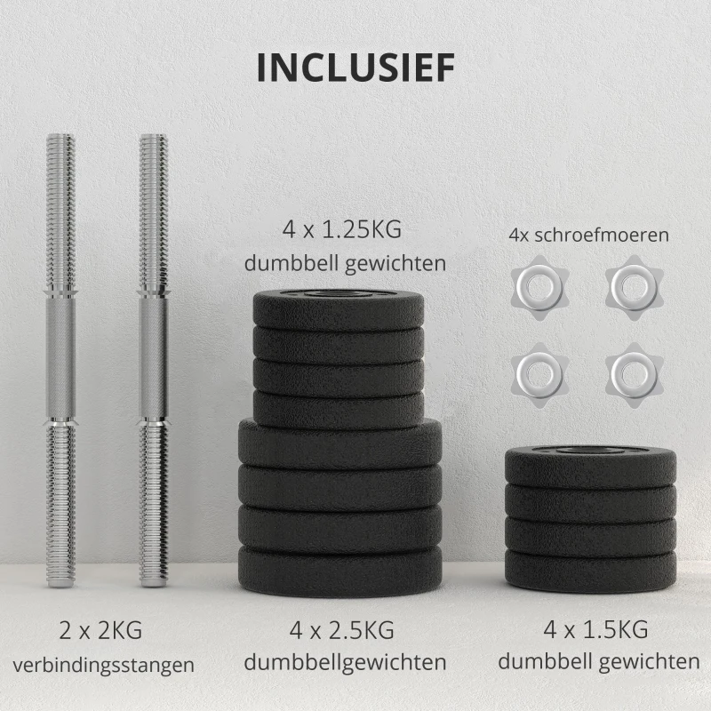 HOMCOM Dumbbell Set 25KG met Gewichtsschijven - Staal, Kunstleder, Zwart
