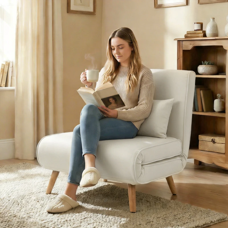 HOMCOM Butaca convertible 3 en 1 sofá cama sillón 1 plaza respaldo 5 posiciones en tejido con cojín, crema