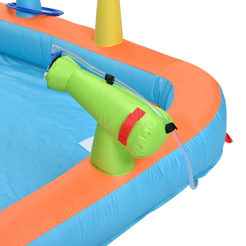 Château gonflable pour enfants avec parc aquatique, toboggan, pataugeoire, cuisine de jeu et jeu d'anneaux, 360x350x210 cm, Multicolore