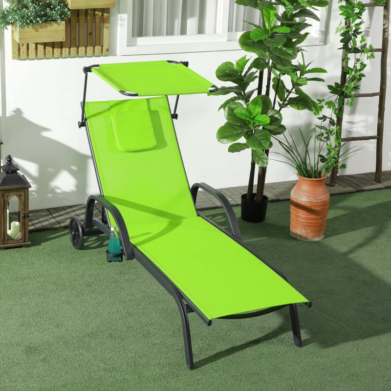 Outsunny Transat bain de soleil chaise longue dossier inclinable multi-positions avec pare-soleil réglable roulettes et oreiller