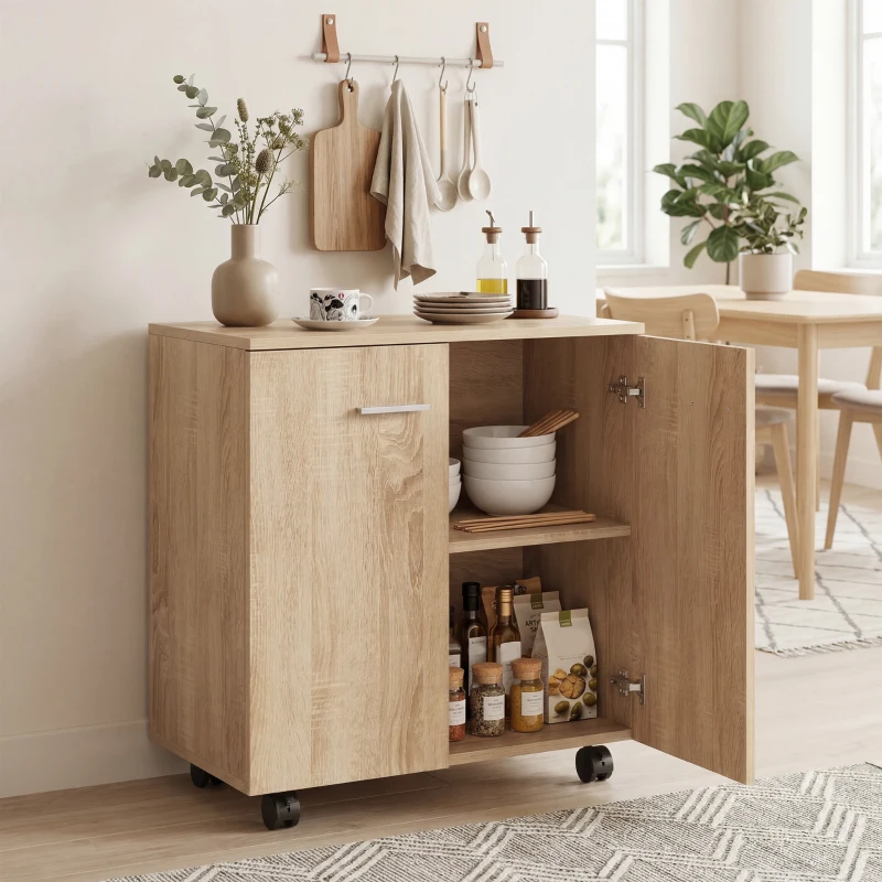 HOMCOM Sideboard mit Rollen 2 Türen und Regale für Wohnzimmer Schlafzimmer Büro 60x35x65 cm Natur