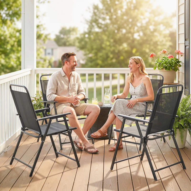 Outsunny Lot de 4 chaises de jardin pliantes avec accoudoirs, chaises d'extérieur avec assise large en textilène, noir