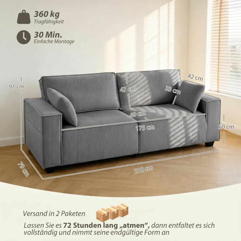 HOMCOM 218 cm sofá 3 plazas, moderno sofá de pana con acolchado de muelles ensacados, reposabrazos anchos y 2 cojines, gris claro