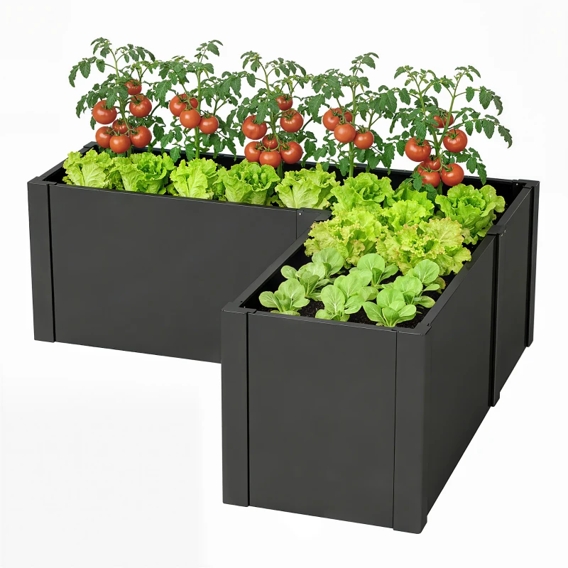 Outsunny Pat înălțat în formă de L pentru flori, rezistent la intemperii, pat de plantare/seră timpurie din oțel zincat 150 x 150 x 55 cm Negru