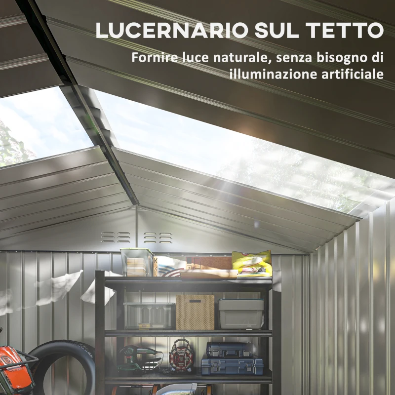 Outsunny Casetta da Giardino in Metallo con Prese d'Aria e Doppia Porta Scorrevole, 277x195x192 cm, Argento