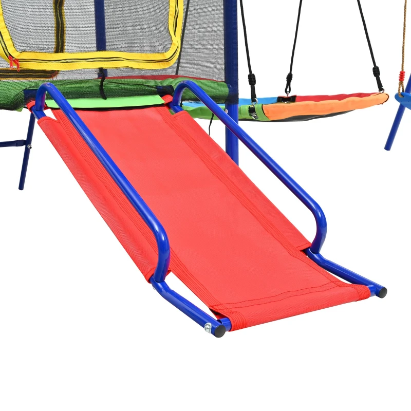 Parque infantil exterior 5 en 1, trampolín con red de seguridad y cremallera, para niños de 3–8 años, 336x217x198 cm, Multicolor