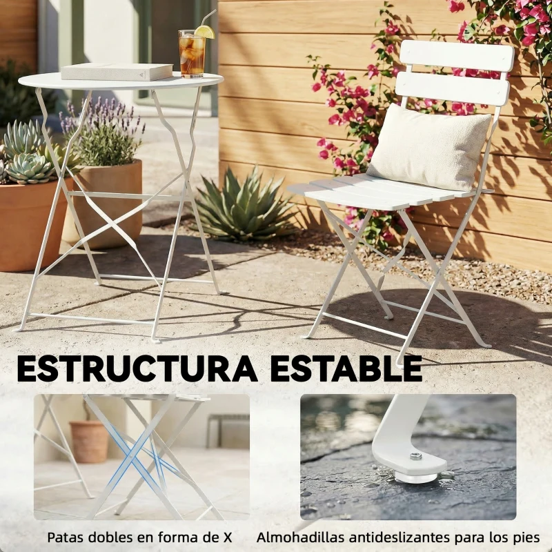 Outsunny Conjunto de Jardín Plegable con 2 Sillas Plegables Mesa Redonda Estructura Metálica Electrofórica para Balcón Crema