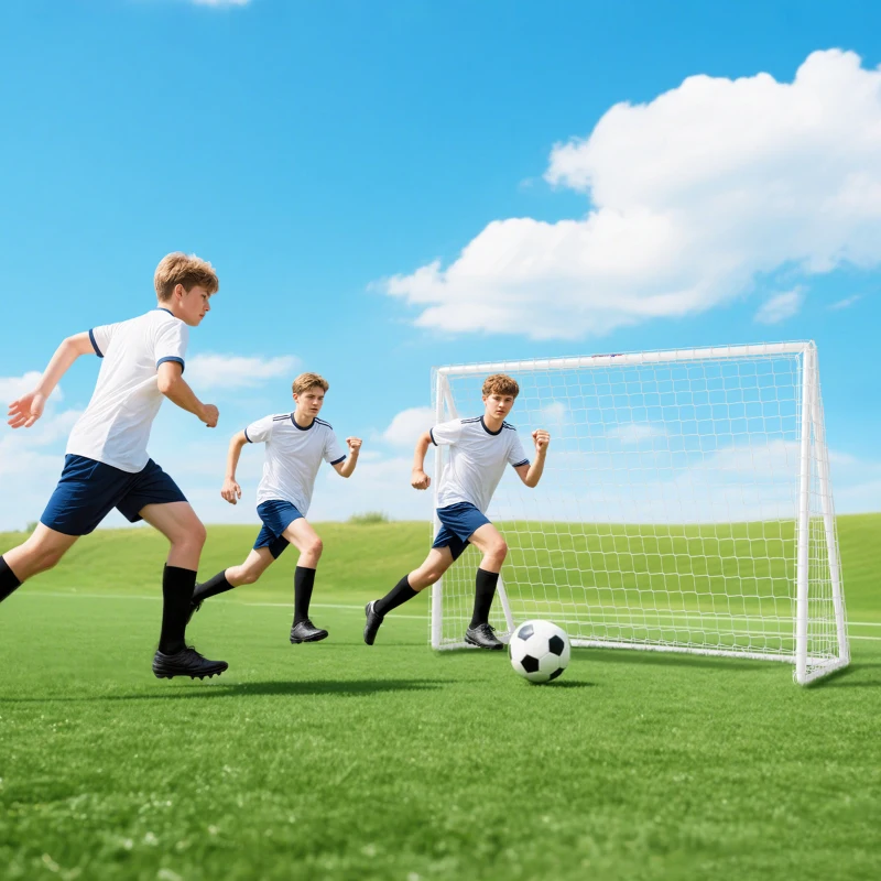 SPORTNOW But de football avec filet poteaux en PVC et piquets de sol installation rapide 2,4 x 1,8 m blanc