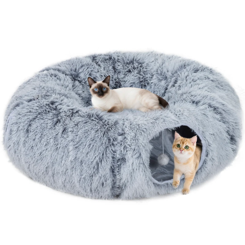 PawHut Túnel para Gato Interior com Cama em Forma de Donut, Almofada Circular Lavável, 90x80x27cm, Cinza Claro