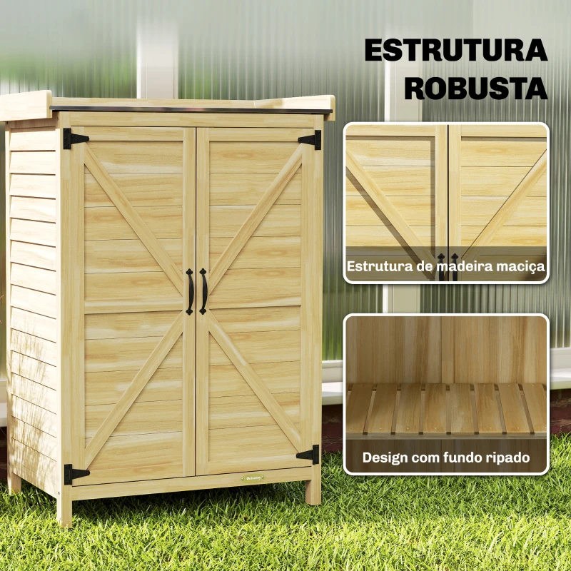 Outsunny Armário de Jardim em Madeira com Teto de Metal, Prateleiras e Ganchos para Armazenamento de Ferramentas, 71,5x39x95 cm