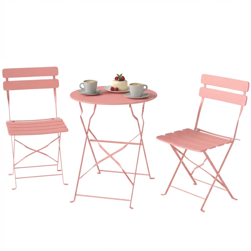 Outsunny Bistrot-Set Garten 3-teilig Tisch und 2 Klappstühle mit Latten Doppelter Rostschutz Rosa