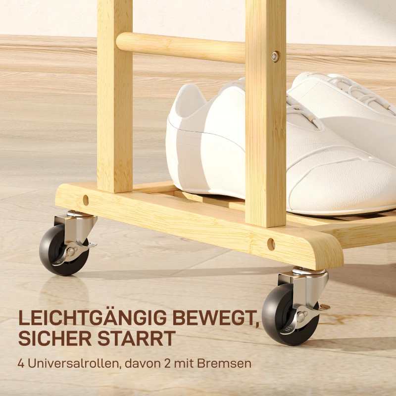 HOMCOM Kleiderständer mit Rollen, Garderobenständer mit Doppelstangen aus Bambus, Schuhablage, Ablagetablett, Hosenhalter