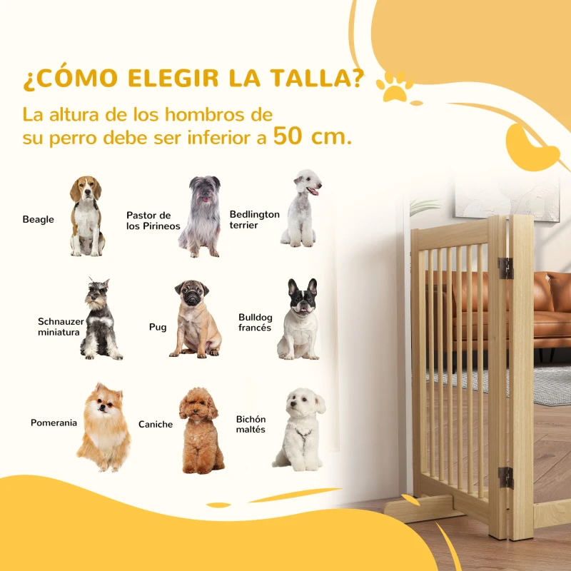 PawHut Barrera de Seguridad para Perros Plegable de Madera para Escaleras y Puertas con Soporte de Pie 204x36x75 cm Natural