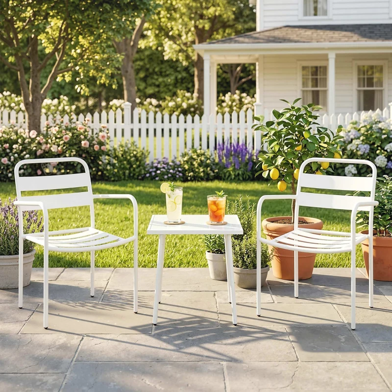 Outsunny Bistroset 3-delig metalen tuinmeubelset met 2 tuinstoelen, glazen tafel, lattenontwerp, roestbestendig