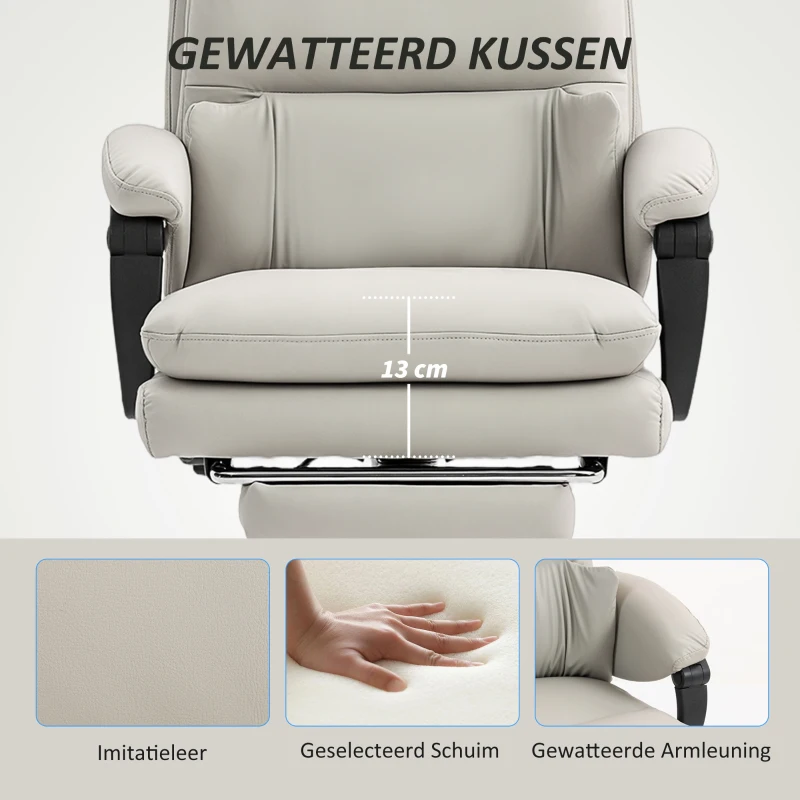 HOMCOM Bureaustoel Hoogteverstelbare bureaustoel met lendensteun, armleuning, voetsteun, van kunstleer, lichtgrijs(m-4)