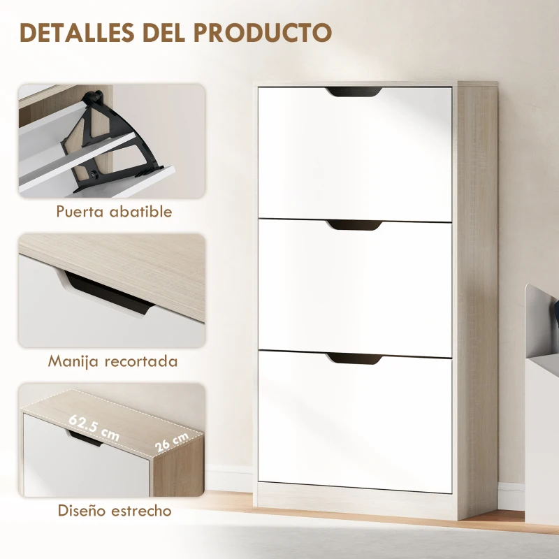 HOMCOM Zapatero Estrecho 3 Puertas Abatibles Zapatero Entrada Recibidor para 18 Pares Zapatos 62,5x26x117,5 cm Roble y Blanco