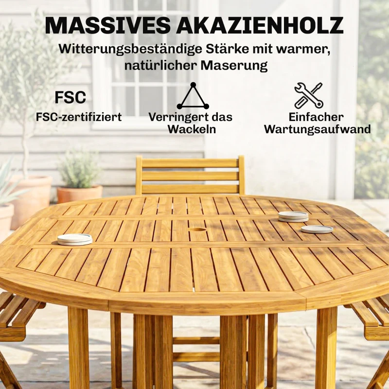 Outsunny Gartenmöbel Set FSC Holz Sitzgruppe 7-teilig Ausziehbar Tisch mit 6 Klappstühlen Schirmloch Lamellendesign