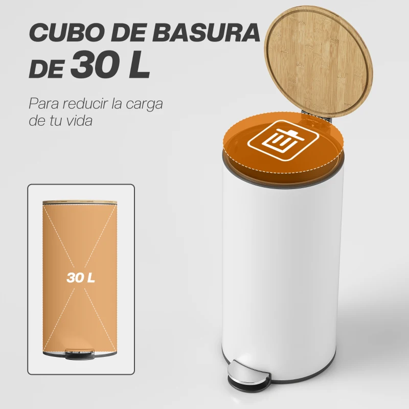 HOMCOM Cubo de Basura Cocina 30L con Pedal Tapa de Bambú de Cierre Suave y Cubo Extraíble para Dormitorio Oficina Salón Blanco