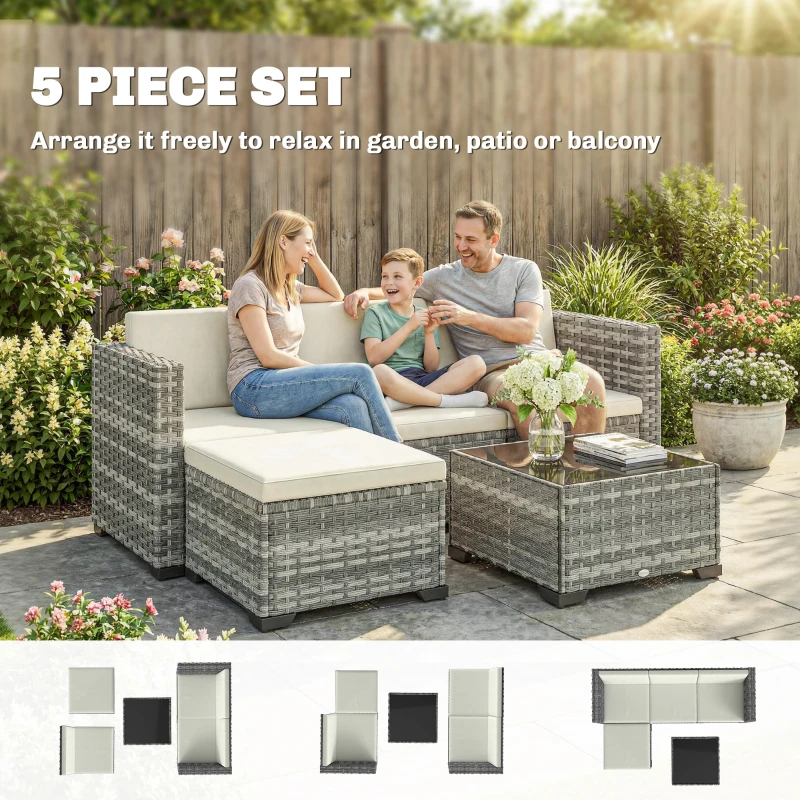Outsunny Polyrattan Zestaw Mebli Ogrodowych 5-częściowy, Sofa Narożna z Podnóżkiem i Stolik Kawowy, Kremowy + Szary