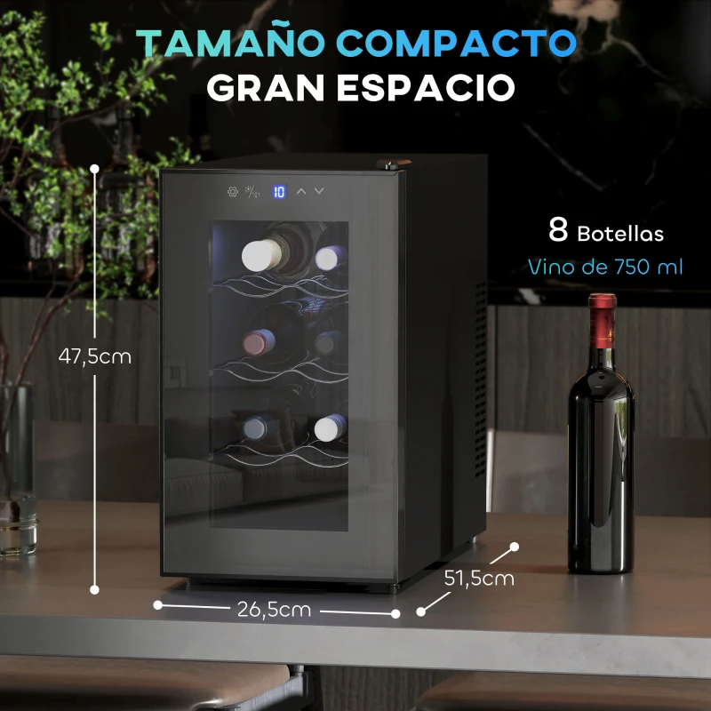 HOMCOM Vinoteca 8 Botellas con Doble Refrigeración Termoeléctrica Temperatura Ajustable 8-18℃ Puerta de Vidrio Negro