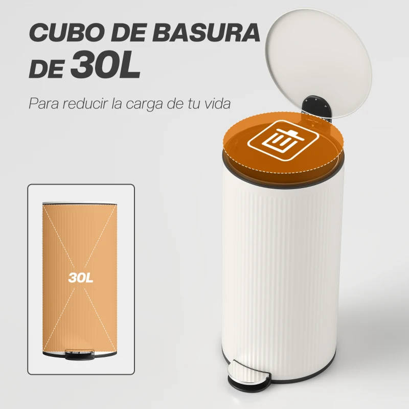 HOMCOM Cubo de Basura Cocina 30L con Pedal Tapa de Cierre Suave y Cubo Extraíble para Dormitorio Oficina Estudio Salón Crema