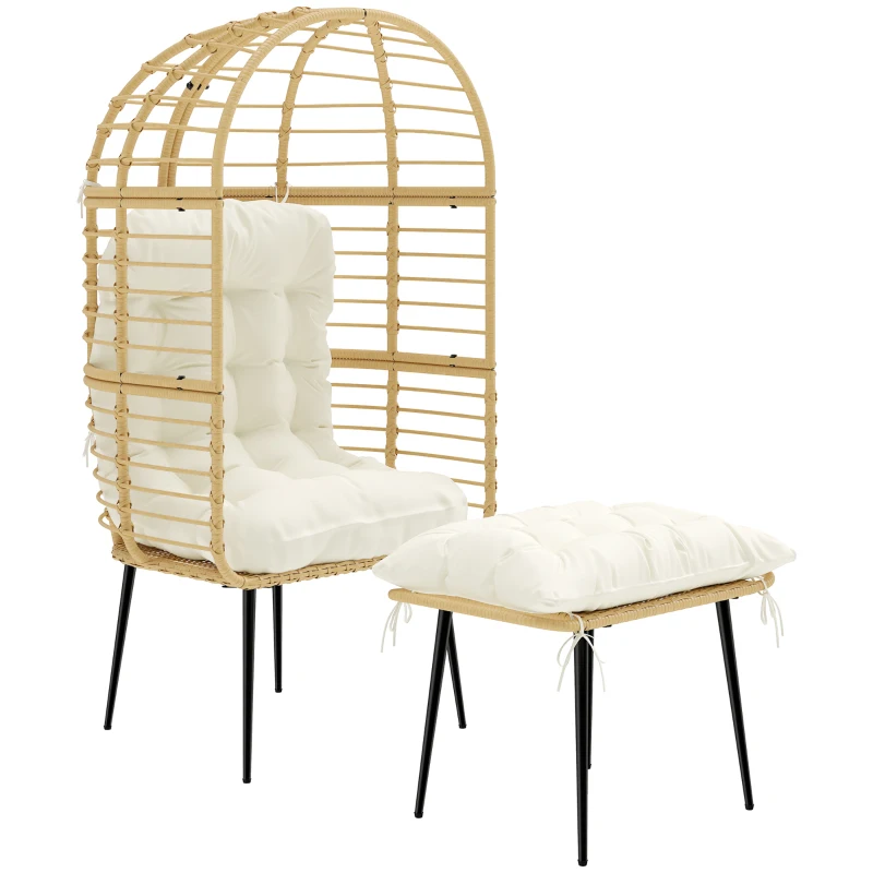 Outsunny Sillón de jardín con reposapiés PE Rattan forma de huevo Sillón cesta con cojines largos & gruesos Marco metálico Beige