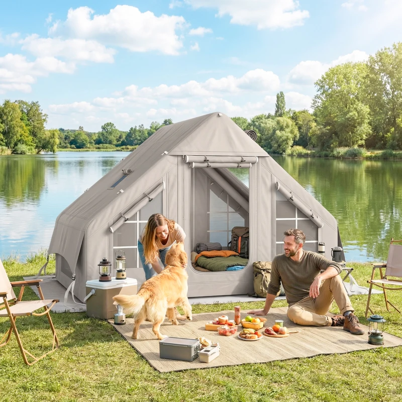 Outsunny Tente gonflable 5-8 personnes Montage rapide 8000 mm Imperméable & résistante au vent avec pompe Ouverture pour poêle Fenêtre de toit