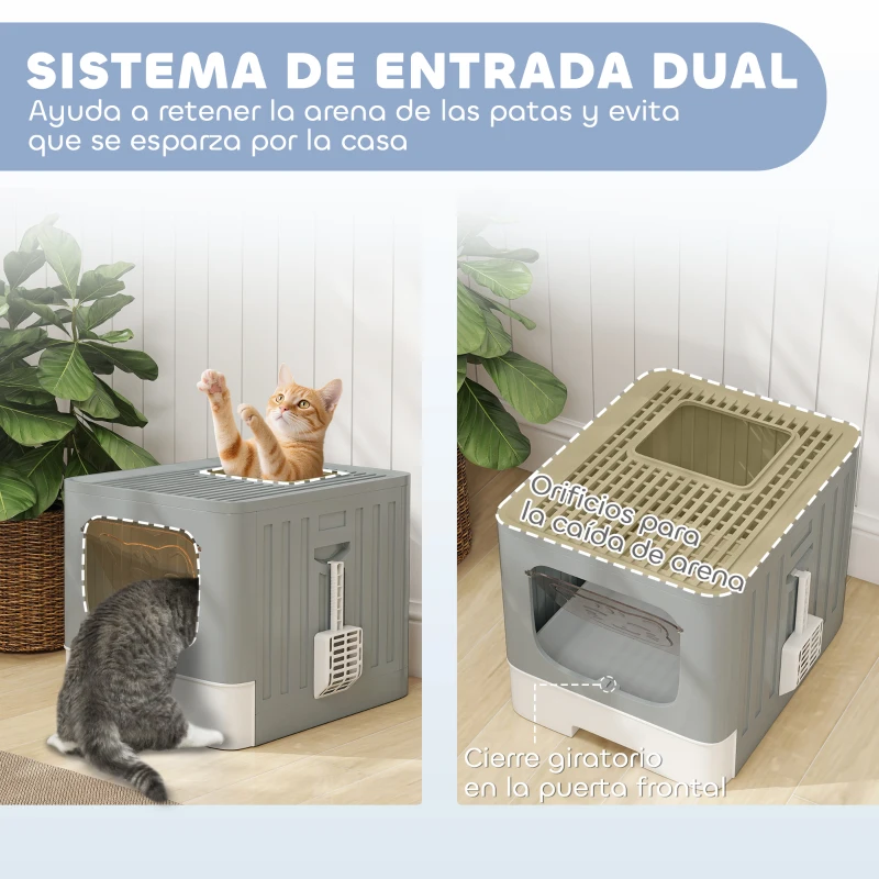 PawHut Arenero para Gatos Plegable M con Tapa Enrejada Bandeja Extraíble Pala Gancho Lateral Fácil de Limpiar Antifugas Gris