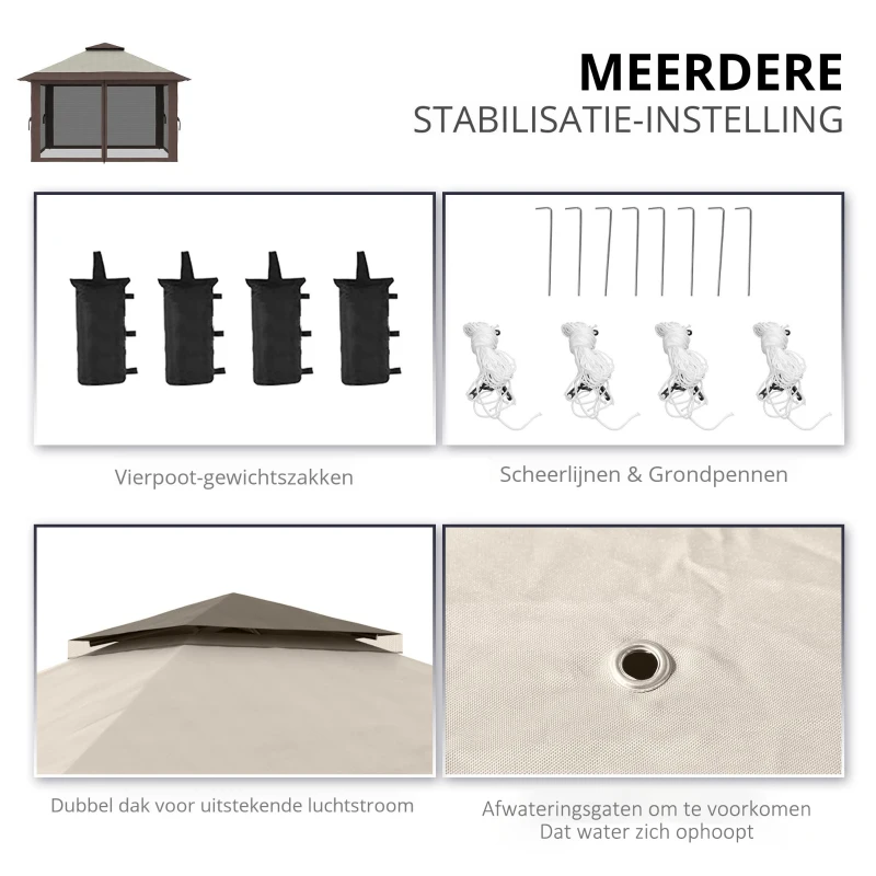 Outsunny Tuinpaviljoen 4x4x3m, Beige, Met Ventilatiedak en Verstelbare Hoogte