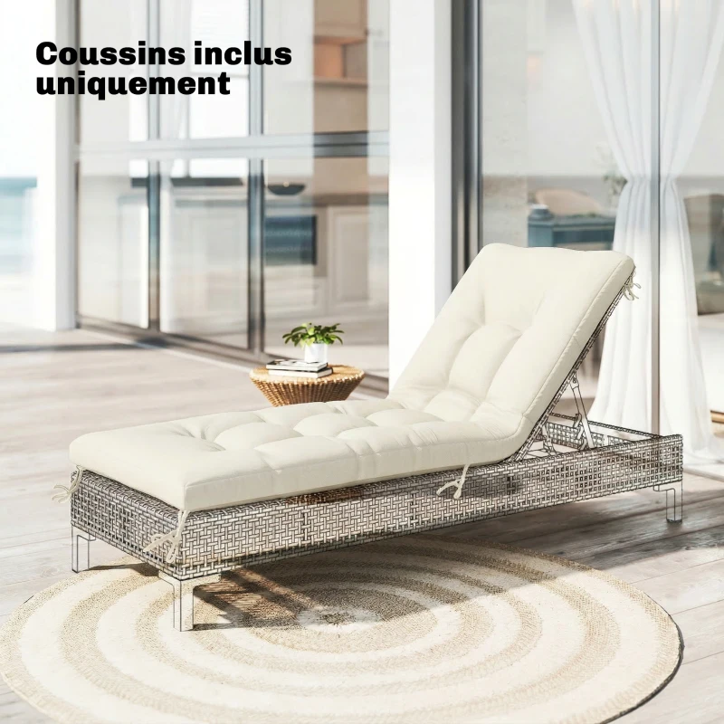 Outsunny Coussin Bain de Soleil Chaise Longue en Mousse à Mémoire avec Sangles, Protection UV50+, 198x65x13cm, Beige