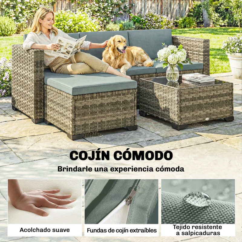 Outsunny Conjunto de Jardín Exterior de Ratán 5 Piezas con Cojines 2 Sillones de Esquina Sillón sin Brazos Reposapiés y Mesa