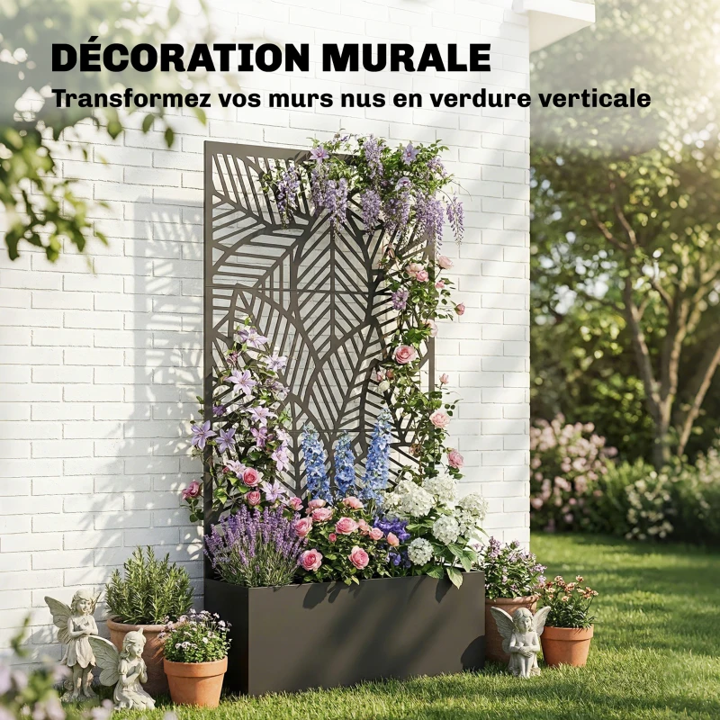 Outsunny Jardinière avec treillis, bac à fleurs, lit surélevé avec brise-vue, pour plantes grimpantes métal 90 x 30 x 170 cm noir
