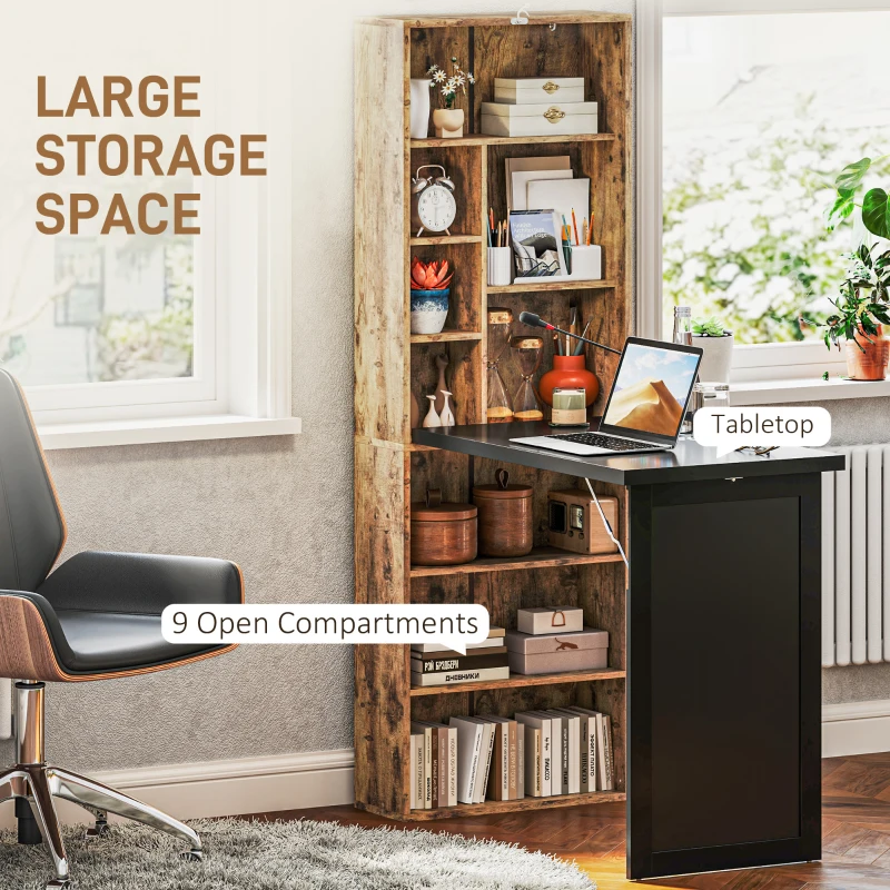 HOMCOM Fold-out Convertible Writing Desk Wall Mount Cabinet with Blackboard and Side Shelf Multi-Function Home Office Workstation, Rustic Brown