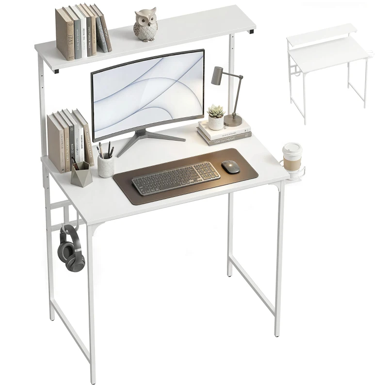 HOMCOM Computer Desk, 80cm Home Office Study Table with Hutch Shelf, Cup Holder, Headphone Hook, White