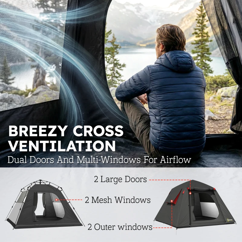 Outsunny Kampeertent 2 Personen 3000mm Waterdicht & Winddicht Koepeltent met 2 Deuren 2 Gaasramen 2 Zijramen Draagtas