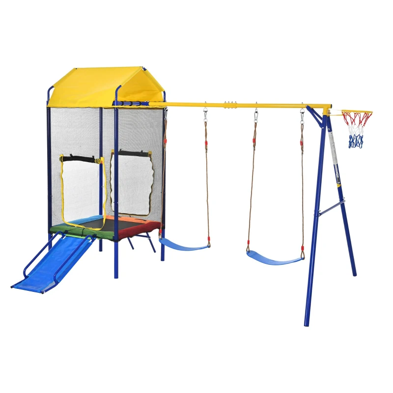 Juego exterior multifuncional 4 en 1 para niños, trampolín con red de seguridad, para 3–8 años, 336x217x238 cm, Multicolor
