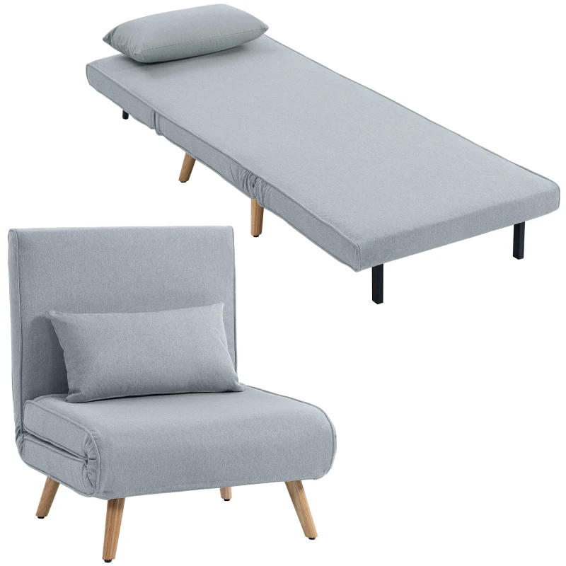 HOMCOM Poltrona chaise conversível 3 em 1, cama/poltrona 1 lugar, encosto 5 posições, tecido com almofada, cinza