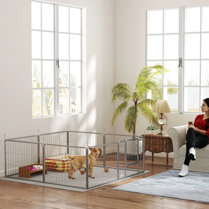 PawHut Huisdierenren, Hondenhek, Huisdierenspeelplaats, Flexibel Aanpasbaar, Roestvrij Staal(m-10)