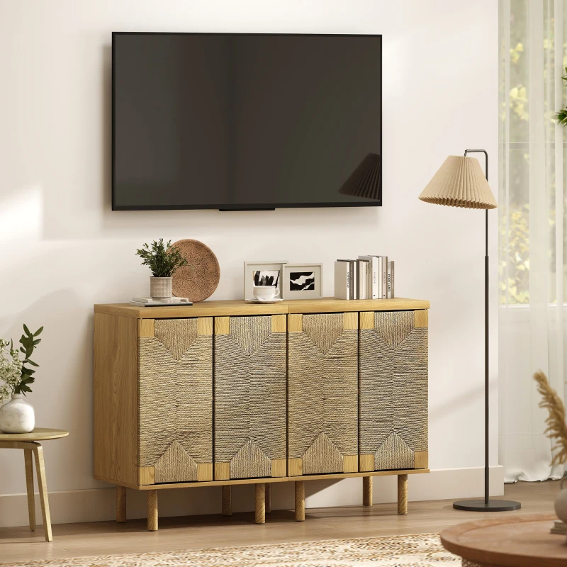 HOMCOM Aparador Bohemio de 2 Puertas con Cuerda Tejida a Mano Estante Ajustable Apertura por Presión Roble 60x40x78 cm